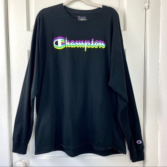 Champion Black Long Sleeve Tee W/ Multi Colored Script Logo Size 2XL - Picture 1 of 9